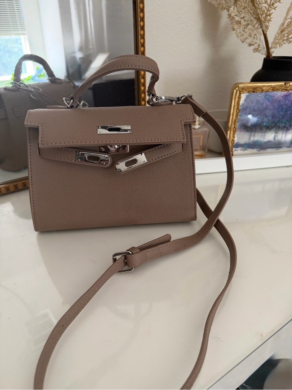 Taupe Leather Top-Handle Crossbody Bag - Unbranded